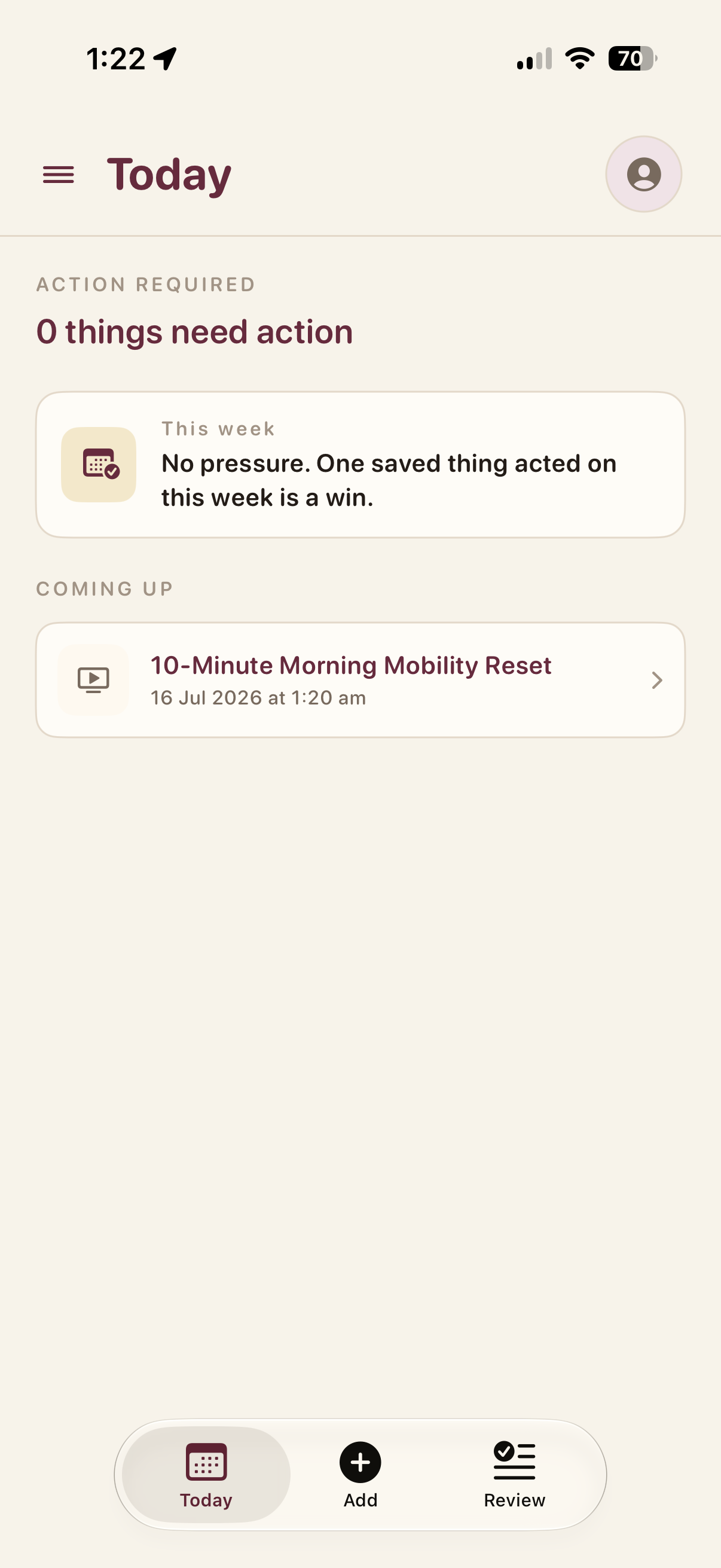 ActuallyTho Today screen showing a 10-Minute Morning Mobility Reset coming up