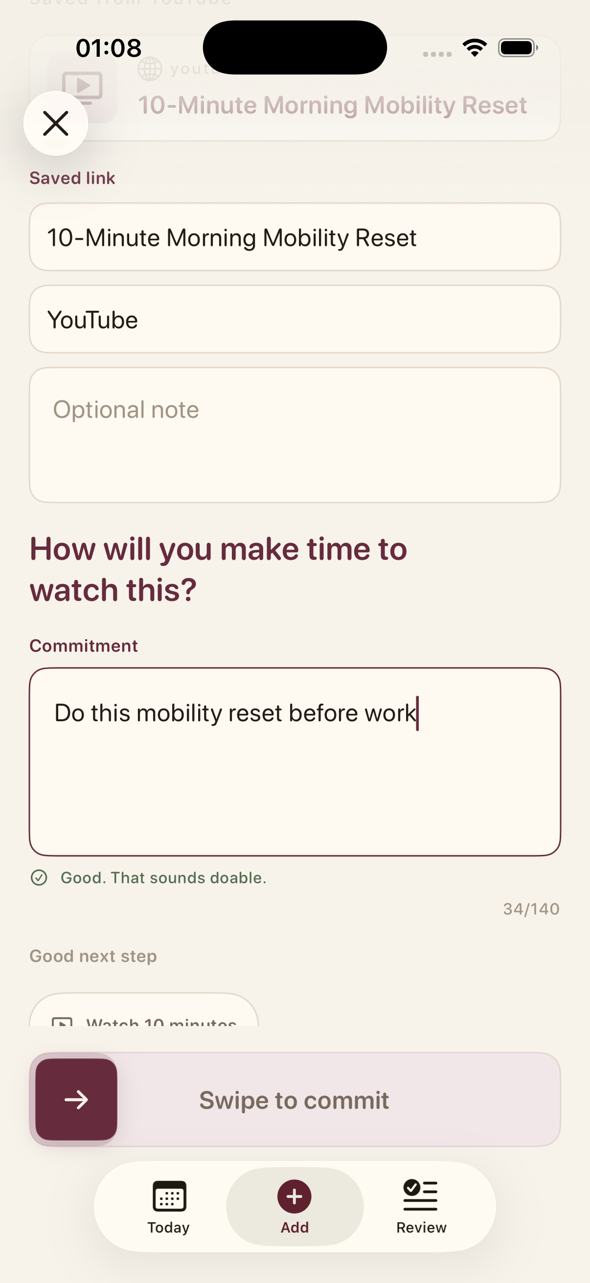 ActuallyTho turning a saved YouTube mobility video into a specific commitment